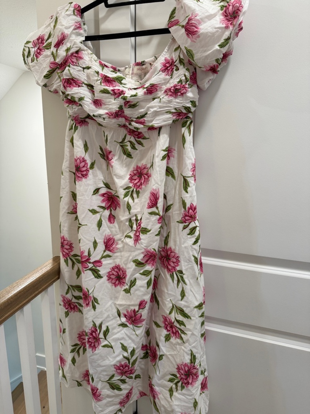 Anthropologie White Floral Puff-Sleeve Sundress with Pink Flowers